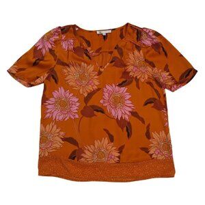 DR2 Womens Orange Floral Printed V-Neck Short Sleeve Blouse Size S.